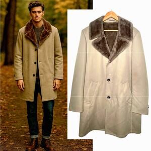 Huckberry Vintage M Faux Fur Lined Trench Coat Wide Lapel Long Jacket Tan
